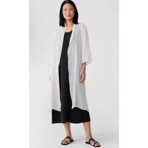 Eileen Fisher Sheer Silk Georgette High Collar Jacket In Bone Sz Medium $328 NWT